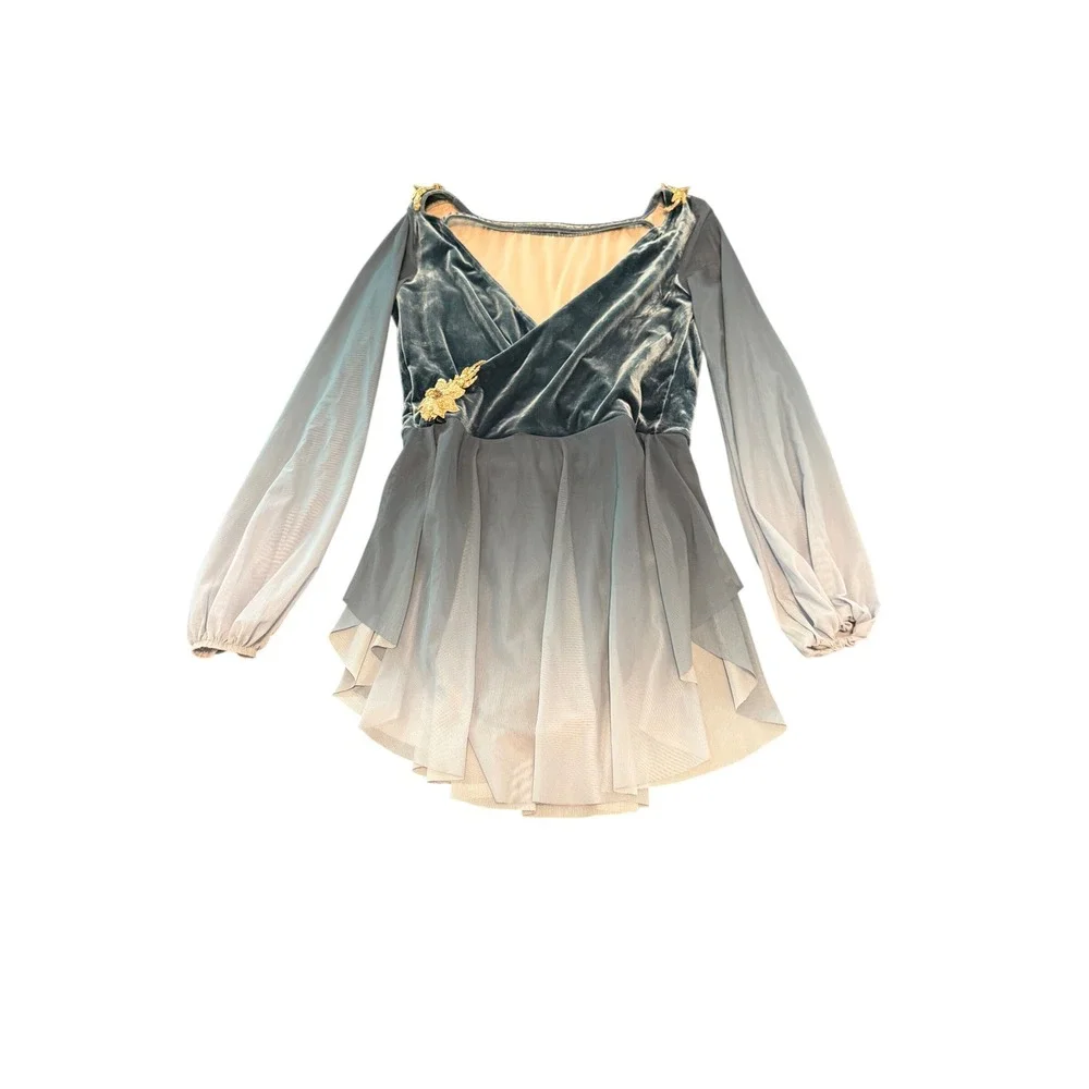 Weissman Lyrical Dance Costume Teal Blue Velvet Ombre Mesh Gold Floral 13369 LA